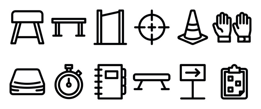 Set of black line icons for training and agility courses includes a pommel horse, hurdle, target, cone, stopwatch, and clipboard for sports coaching and physical education