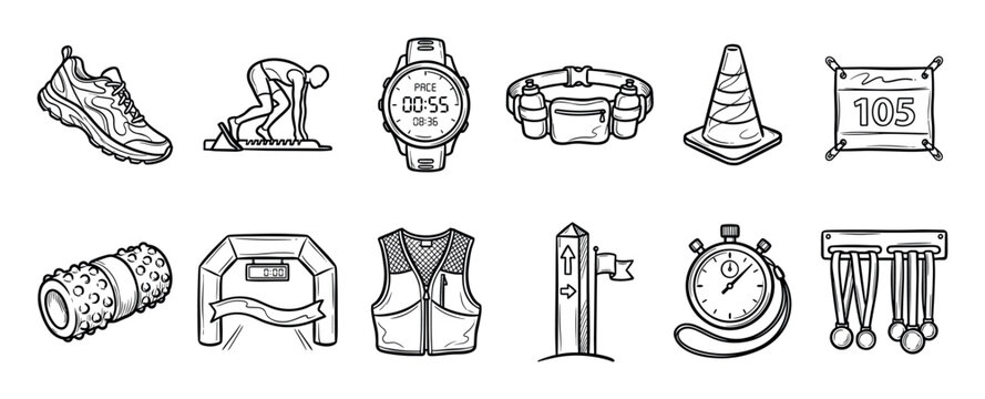 Set of hand-drawn running and marathon icons for athletics, including a sneaker, stopwatch, race bib, and finish line, depicted in a black and white doodle sketch style