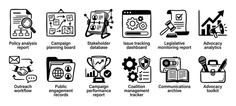 Black and white icon set representing advocacy and campaign management with hand-drawn glyphs for policy analysis, stakeholder databases, legislative tracking, and public engagement