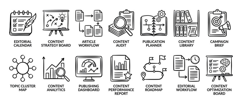 Set of hand-drawn content marketing icons representing concepts like strategy, workflow, audit, planning, analytics, and optimization in a simple black and white sketch style illustration
