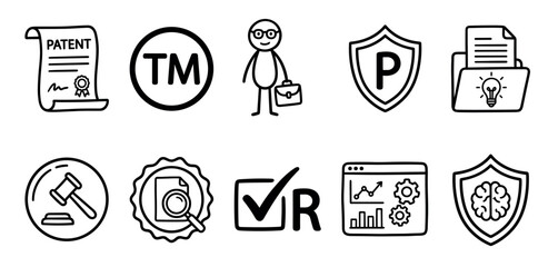 Fototapeta premium Hand-drawn intellectual property icon set collection showing patent, trademark, copyright, and legal protection symbols in a simple black and white sketch illustration
