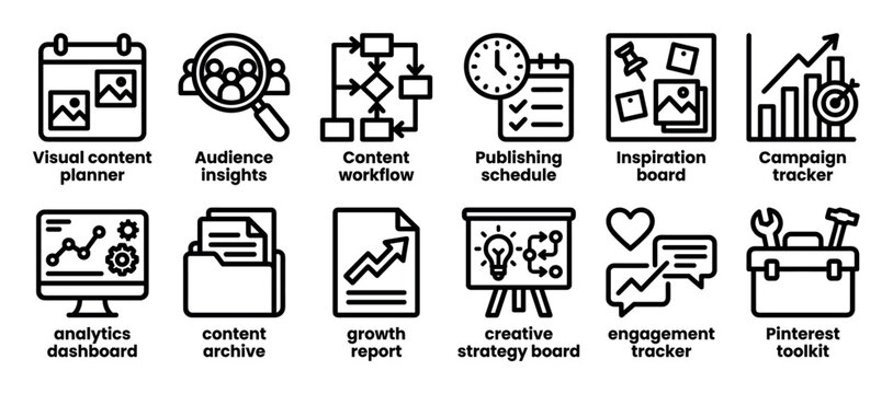 Set of black line icons for content marketing and social media management, including symbols for planning, analytics, strategy, workflow, and audience engagement in a minimalist style