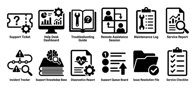 Collection of black glyph icons representing customer service and technical support concepts like help desk, troubleshooting, remote assistance, and service reports in a simple, flat design