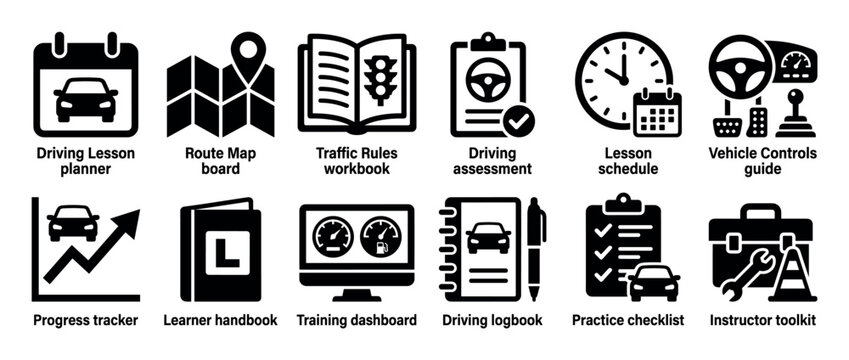 Driving school and lesson solid glyph icons showing a planner, map, workbook, assessment, schedule, controls, tracker, handbook, dashboard, logbook, checklist, and toolkit
