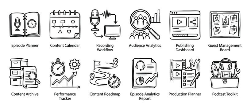 Hand-drawn podcasting and content management icons collection showing various workflow elements like planning, recording, analytics, and publishing in a simple doodle illustration set
