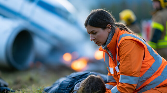 Faceless female paramedic supporting an injured survivor on the grass beside a wrecked airplane as firefighters cool the smoking engine and fuselage during an ongoing crash