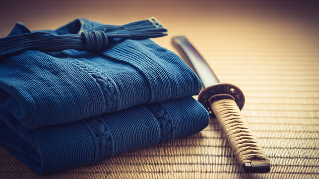 hakama. A neatly folded deep blue hakama and bamboo sword on tatami mat flooring. event programs, museum guides, designed for cultural heritage projects and event programs, supports education.