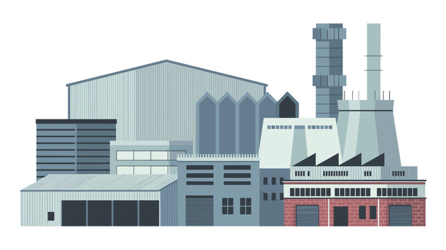 Factory with a brick base, gray metal structures, and a large cooling tower rendered in a flat, clean, professional style.