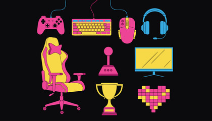 Set of gaming accessories and equipment for professional gamer joystick headphones keyboard mouse monitor chair trophy. © Sadhin