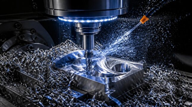 Close up of a CNC milling machine cutting a metal component with an automatic coolant spray in an industrial workshop.