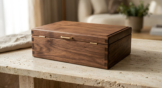 Elegant Rectangular Walnut Wooden Box on Marble Stone Table Surface