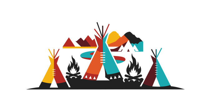 Colorful Native American Teepee Village Illustration with Campfires.