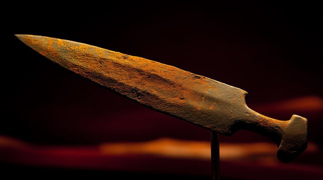 gladius. Ancient rust-pitted Roman gladius displayed on dark velvet, extreme close-up on the blade. event programs, museum guides, designed for cultural heritage projects and event programs.