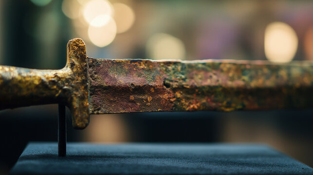 gladius. Ancient rust-pitted Roman gladius displayed on dark velvet, extreme close-up on the blade. event programs, museum guides, designed for cultural heritage projects and event programs.