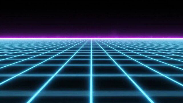 Retro neon blue grid horizon under purple line.