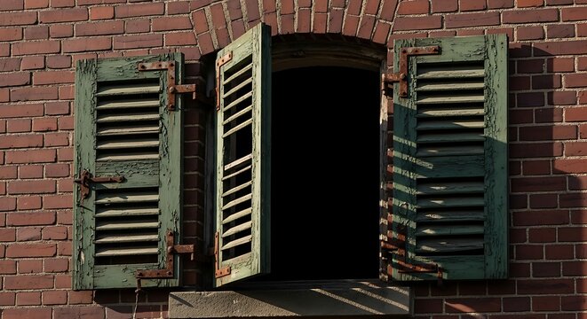 Weathered Green Shutters Open on Dark Window in Red Brick Wall