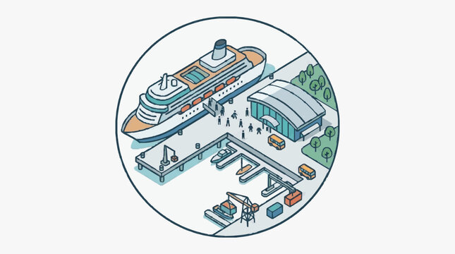 Cruise Ship Docked At Modern Port Terminal With Passengers Boarding.