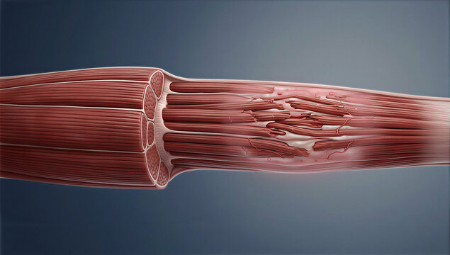 Visualizing a deep muscular tear revealing torn fibers and internal damage in an anatomical depiction
