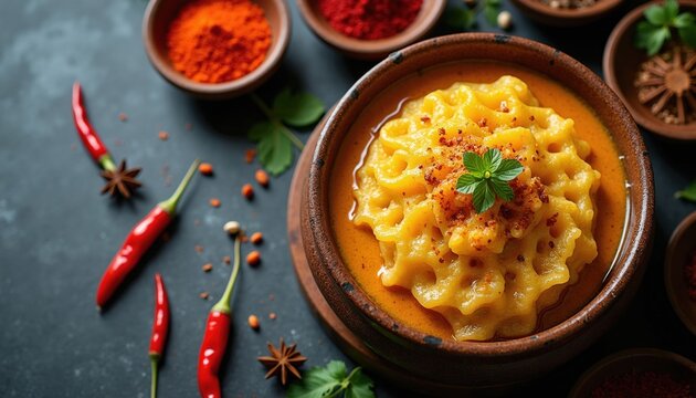 Malaysian roti jala dish with spicy curry sauce in rustic bowl. Garnished with chili powder and fresh mint leaf. Served with red chilies and star anise spice.