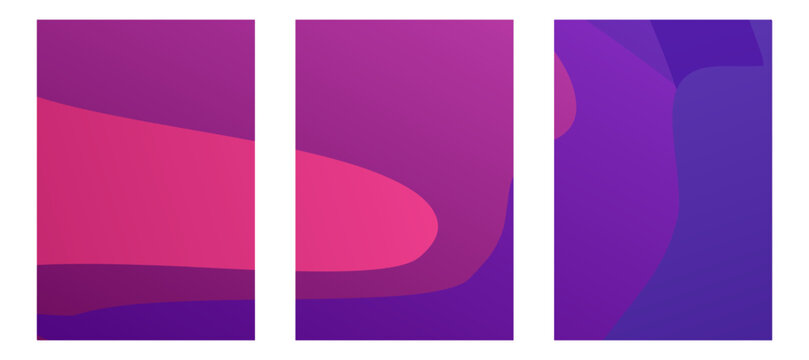 Set of three vertical abstract backgrounds featuring purple and pink fluid shapes. Stylish gradient banners for social media stories, mobile apps, and artistic vertical layouts.
