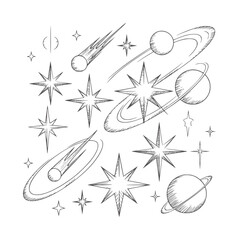 Hand drawn of stars planets and comets in space celestial © Mahin
