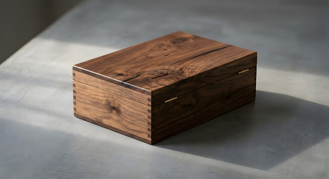 Elegant Dark Walnut Wooden Keepsake Box on Minimalist Gray Surface
