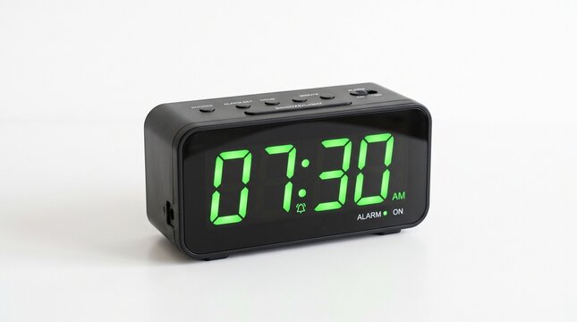 A black digital alarm clock displaying 07:30 AM in bright green numbers.
