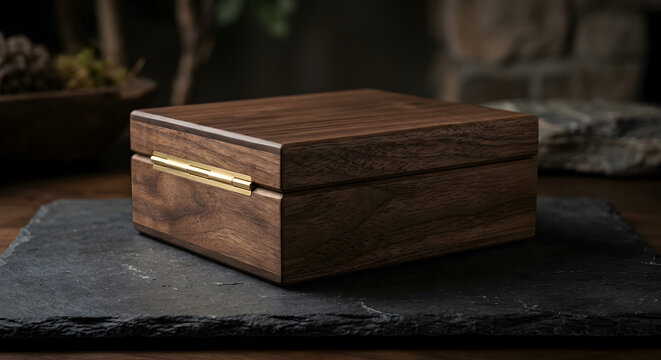 Luxury Dark Wood Box with Gold Hinge on Stone Surface