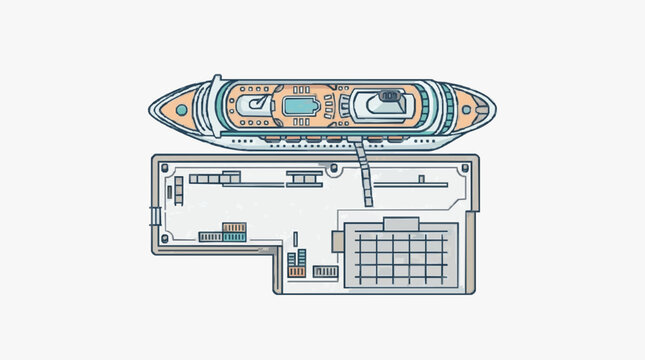 Aerial view of a modern cruise ship and its deck plan illustration.