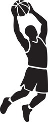Silhouette illustration of basketball player jumping for dunk shot isolated on transparent. © TREND AND VECTORS