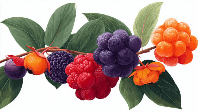 Botanical Illustration of Assorted Wild Berries, Cloudberries and Raspberries on Branch
