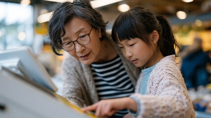 Obraz premium An elderly Chinese immigrant woman navigates a self-checkout machine at a large grocery store, her granddaughter beside her pointing at the screen, both focused under bright retail lighting, a momen