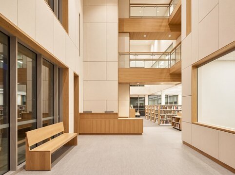 Bright educational building interior with a welcoming central atrium