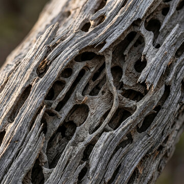 Macro Texture of Termite Damaged Weathered Wood Log in Nature