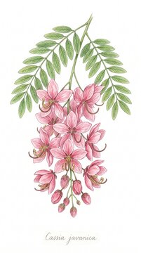 Beautiful vintage botanical watercolor illustration of blooming pink cassia javanica flowers bouquet