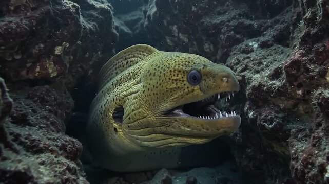 Terrifying Green Moray Eel Showing Its Sharp Teeth Inside a Dark Coral Cave