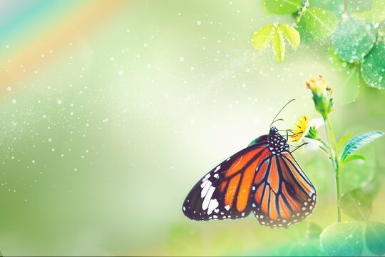 Monarch butterfly on flower stamen macro shot