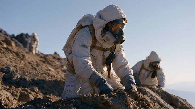 Volcanologist team of three in respirator masks collecting tephra samples from a fresh ash deposit on a stratovolcano slope, sample bags labeled with GPS coordinates, research institute geology fiel