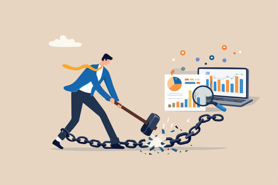 Break free or breaking bad habits or routines freedom, off debt, destroy shackle anxiety burden, escape and liberation concept, confidence businessman analysis use hammer to break heavy chain burden