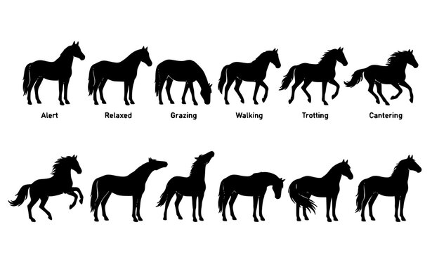 Black Mustang Horse Silhouette Vector Set with Realistic Side View Wild Stallion Collection Isolated on White Background