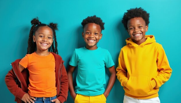 Three smiling Black kids pose together happily. They wear bright casual clothes against a vibrant blue backdrop, showing youthful exuberance and connection. Friends share joy.