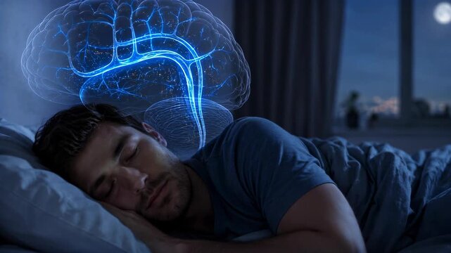 Wide sleeping man with glowing brain and nervous system visualization, neuroscience, dreams, sleep health, medical science