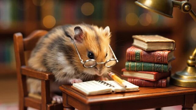 Small hamster wearing glasses writing in a notebook on a wooden desk with a stack of old books beside a warm lamp in a quiet library setting indoors