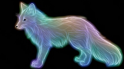 Fototapeta premium Arctic fox is displayed in a side view featuring neon fur outlines and a halo of colors on a black surface making it stand out