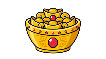 Golden Wealth Bowl Overflowing with Ancient Chinese Coins and Ingots © reza