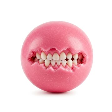 Bright pink sphere of chewed bubble gum showing distinct teeth marks, centered and isolated against a clean white background, ball, texture, chewed