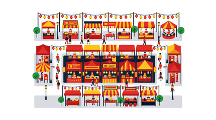 Vibrant Street Food Market with Stalls, Lanterns, and People - Flat Design © reza