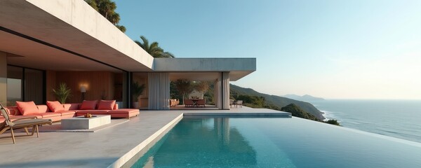Fototapeta premium Modern concrete house with pool overlooks ocean and green hills. Stylish minimalist architecture features open living spaces and luxury furnishings for ultimate relaxation.