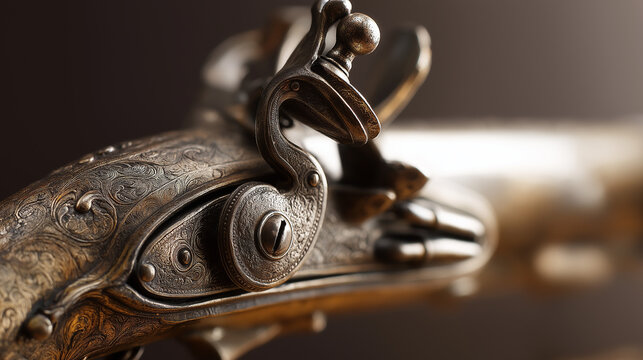 flintlock. Close-up detail of ornate flintlock pistol focusing on flint against frizzen. product launch decks, UI/UX mockups, designed for data visualization dashboards and holographic UIs.