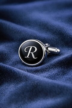 A pair of cufflinks featuring a stylized letter R, suitable for formal events or as a unique accessory